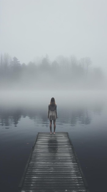 Foto eine frau steht auf einem dock im nebel