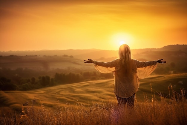 Eine Frau steht auf einem Feld, die Arme gen Himmel gestreckt.