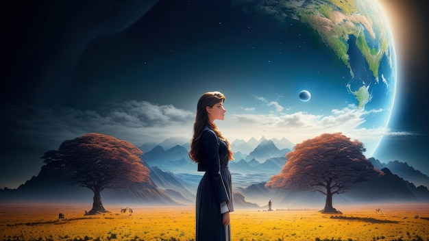 Eine Frau steht auf einem Feld mit einem Planeten im Hintergrund.