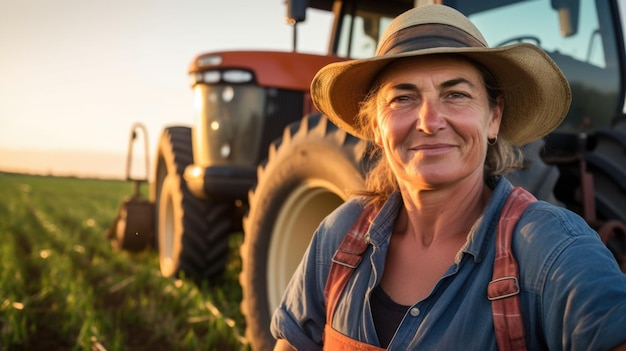 Eine Frau steht auf einem Feld mit einem Traktor hinter ihrem Porträt eines europäischen Bauern