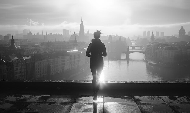 eine Frau steht auf einem Felsvorsprung und schaut auf eine Brücke und eine Stadt