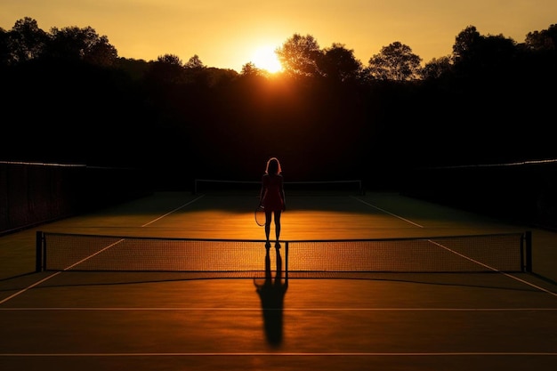 eine Frau steht auf einem Tennisplatz, während die Sonne hinter ihr untergeht.