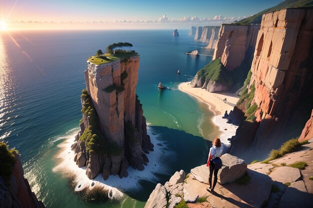 Eine Frau steht auf einer Klippe mit Blick auf ein Gewässer und das Meer.