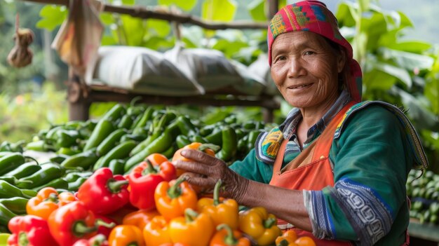 Eine Frau steht elegant vor einer lebendigen Ausstellung von frischem, buntem Gemüse auf einem Markt