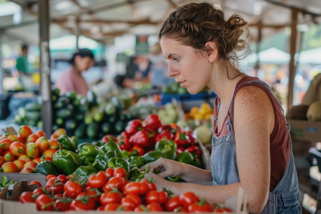 Eine Frau steht fasziniert vor einer vielfältigen Ausstellung farbenfroher frisches Gemüse und untersucht sorgfältig die Auswahl an erhältlichen Erzeugnissen