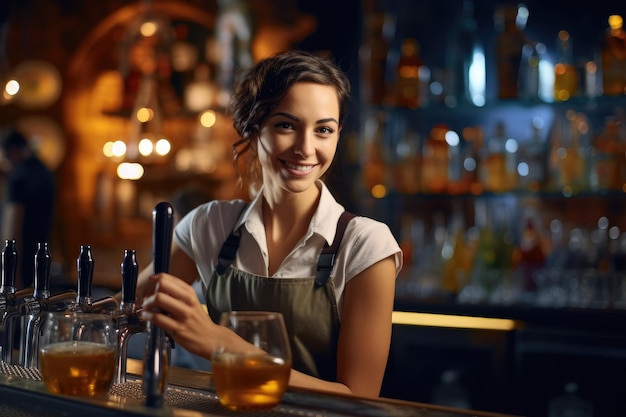 Eine Frau steht glücklich hinter einer Bar mit Biergläsern in einer Reihe vor ihrer glücklichen jungen Barkeeperin, die Bier in Gläser gießt, während sie in der Bar arbeitet und in die Kamera schaut, die AI Generated hat