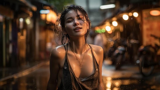 Eine Frau steht im Regen in Bangkok