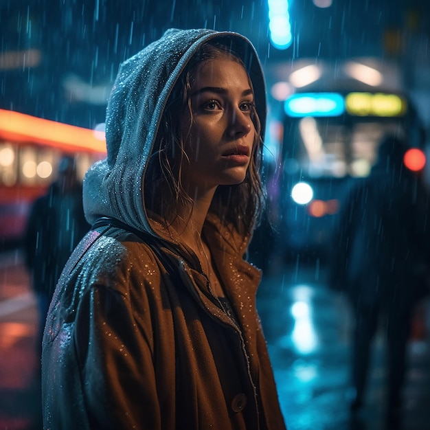 Foto eine frau steht im regen vor einem bus.