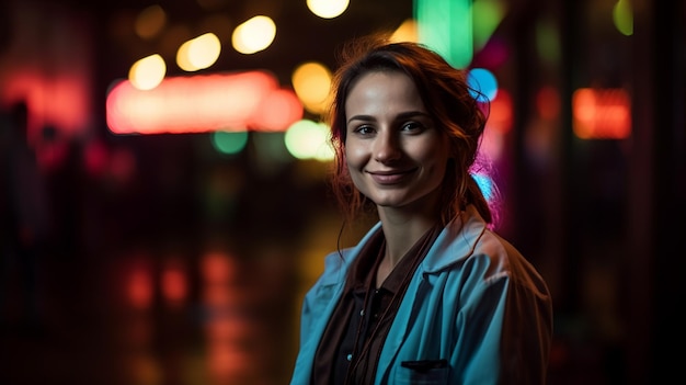 Eine Frau steht im Regen vor einer Leuchtreklame mit der Aufschrift „Ich bin ein Mädchen“.