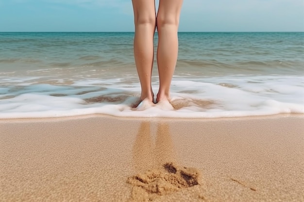 Eine Frau steht im Sand am Strand, ihre Beine sind nackt.