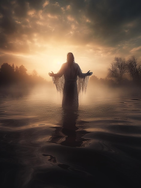 Eine Frau steht im Wasser, die Sonne im Rücken.
