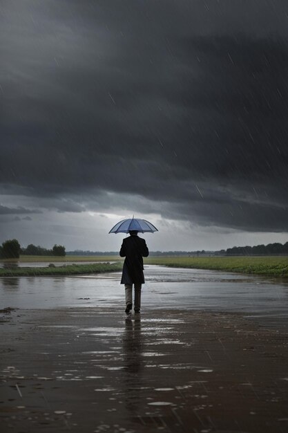 Foto eine frau steht im wasser mit einem regenschirm in der hand