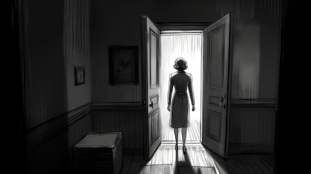 Eine Frau steht in der Tür eines Hauses
