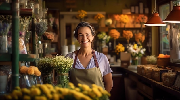 Eine Frau steht in einem Blumenladen