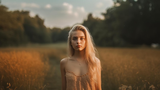 Eine Frau steht in einem goldenen Weizenfeld.