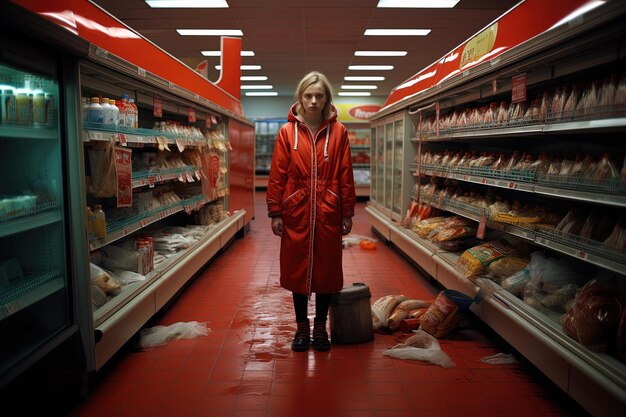 eine Frau steht in einem Laden mit rotem Boden