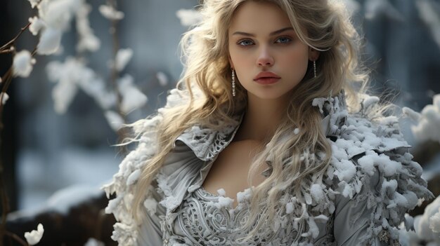 Eine Frau steht in einem makellosen weißen Kleid in einem Winterwunderland