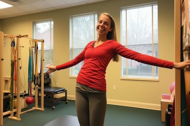 Eine Frau steht in einem Raum, der von Fitnessgeräten umgeben ist Foto von einer weiblichen Physiotherapeutin im Büro, generiert von KI