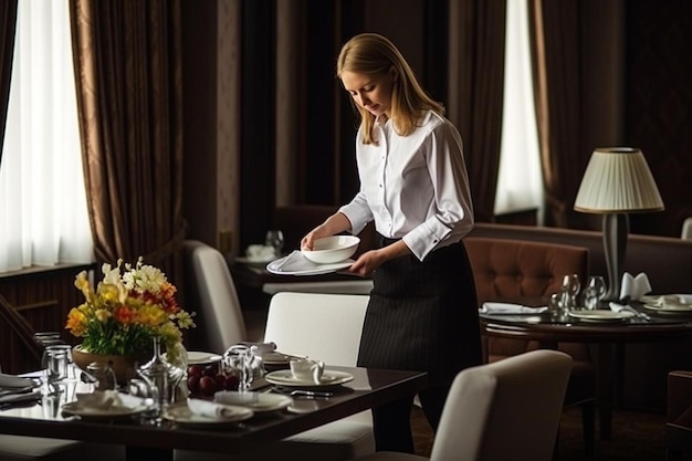 eine Frau steht in einem Restaurant mit einem Teller auf dem Tisch