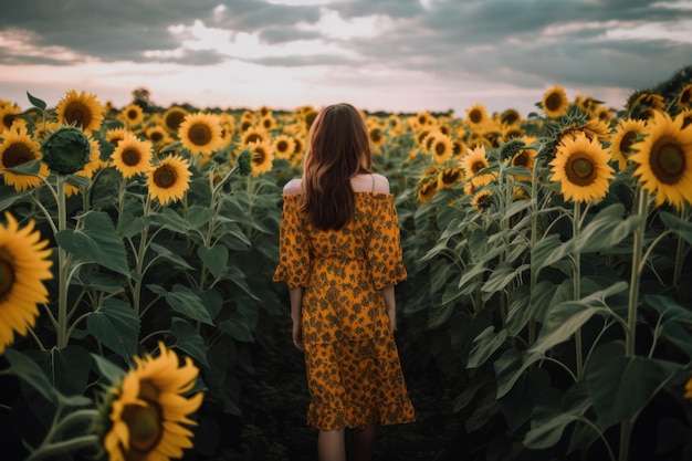 Eine Frau steht in einem Sonnenblumenfeld. Generatives KI-Bild