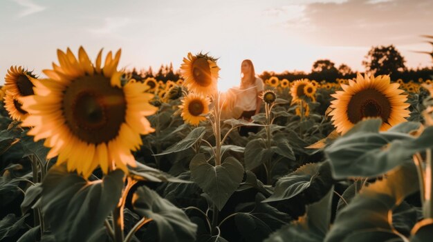 Eine Frau steht in einem Sonnenblumenfeld. Generatives KI-Bild