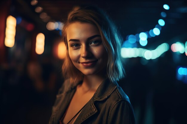 Eine Frau steht in einer dunklen Straße mit Lichtern im Hintergrund.