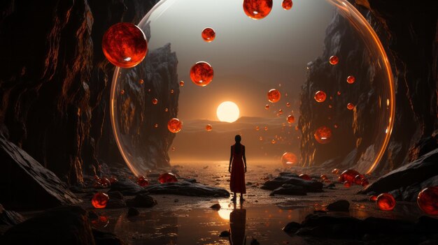 Eine Frau steht in einer Höhle mit orangefarbenen Kugeln