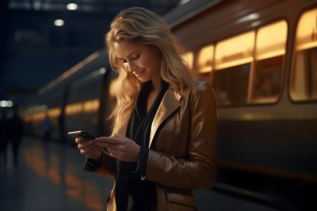 eine Frau steht in einer U-Bahn-Station und schaut auf ihr Telefon