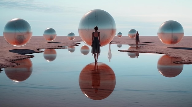 Foto eine frau steht in einer wüste mit einer großen kugel in der mitte. generative ki-kunst