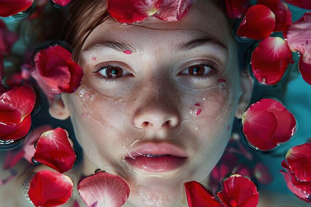 Foto eine frau steht inmitten von blumen, die im wasser schwimmen