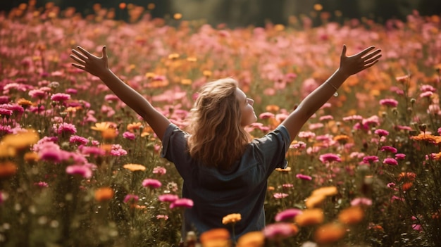 Foto eine frau steht mit ausgestreckten armen in einer blumenwiese.