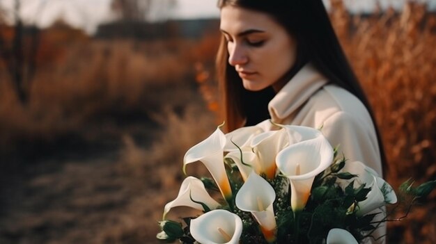 Eine Frau steht mit einem Strauß weißer Lilien auf einem Feld.