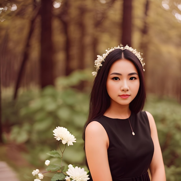 Eine Frau steht mit einer Blume im Haar in einem Wald.