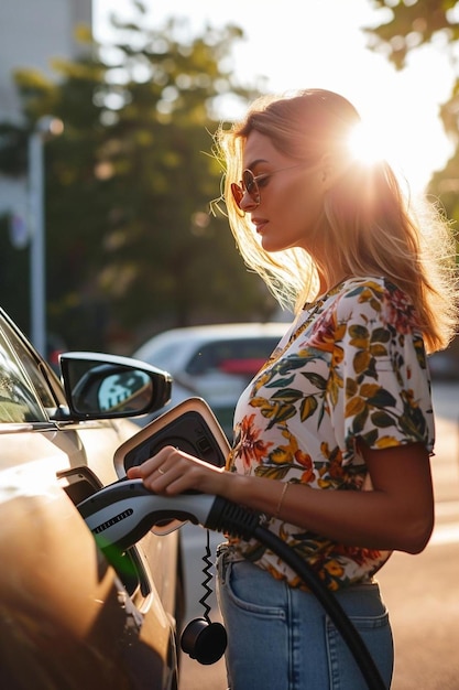 Foto eine frau steht neben einem geparkten auto