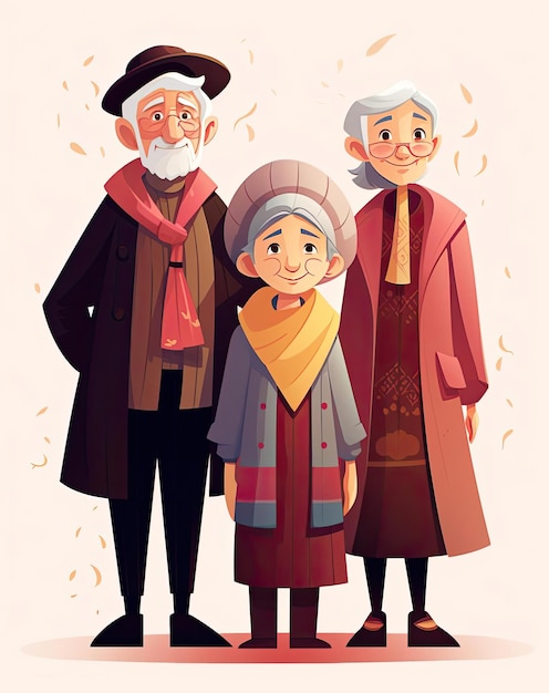 Eine Frau steht neben zwei älteren Menschen im Stil niedlicher Cartoon-Motive