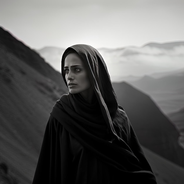 eine Frau steht vor einem Berg mit Bergen im Hintergrund
