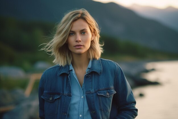 Eine Frau steht vor einem Berg und trägt eine Jeansjacke.