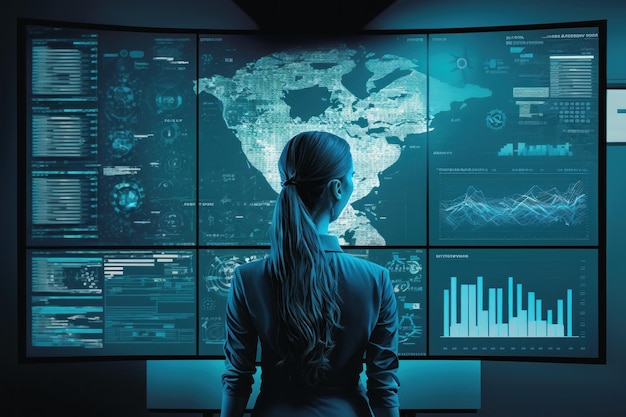 Eine Frau steht vor einem Computerbildschirm, auf dem Daten stehen.