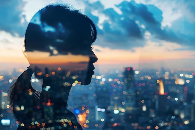 Foto eine frau steht vor einem fenster mit einem stadtbild im hintergrund