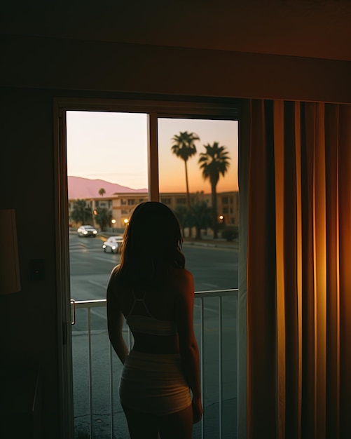 Foto eine frau steht vor einem fenster und schaut auf die palmen.