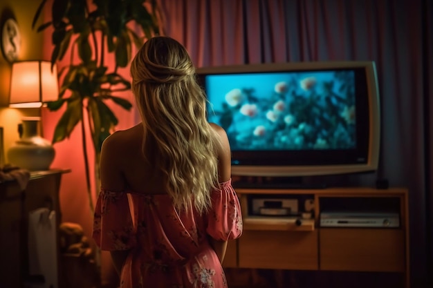 Eine Frau steht vor einem Fernseher mit rotem Hintergrund und einer Blume auf dem Bildschirm.