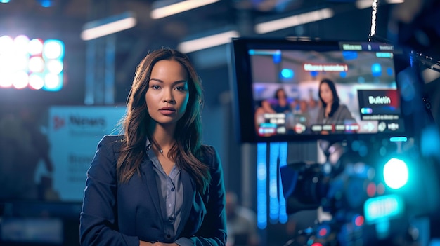 Foto eine frau steht vor einem fernseher