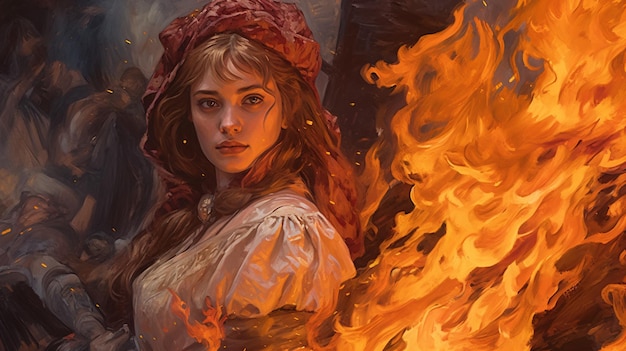 Eine Frau steht vor einem Feuer
