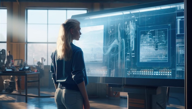 Eine Frau steht vor einem großen Display mit einem großen Bildschirm, auf dem "Cyberpunk" steht.