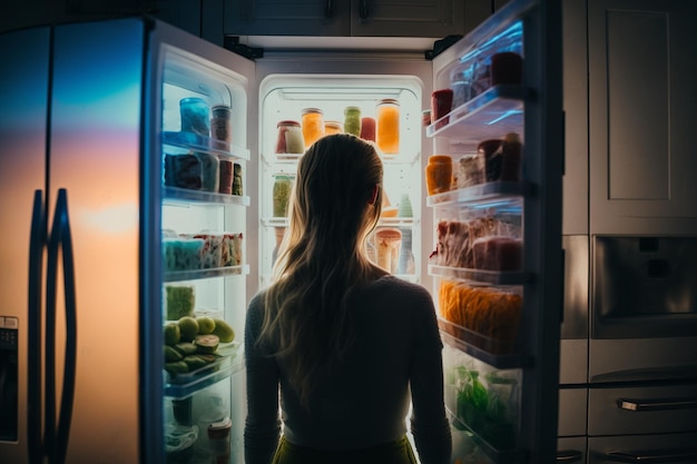 Eine Frau steht vor einem Kühlschrank mit einem vollen Kühlschrank voller Lebensmittel.