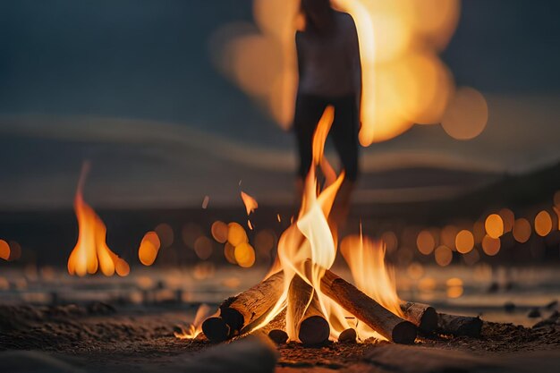 Foto eine frau steht vor einem lagerfeuer mit den worten 