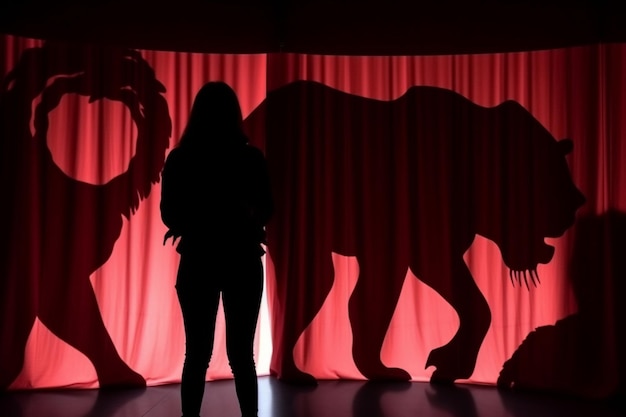 Eine Frau steht vor einem Löwen und einer Löwensilhouette auf einem roten Vorhang.