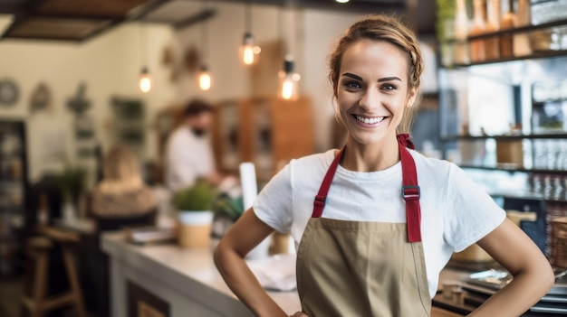 Eine Frau steht vor einem Restaurant