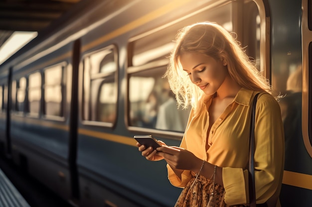 Eine Frau steht vor einem Zug und schaut auf ihr Telefon