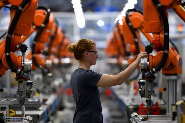 eine Frau steht vor einer Fabrik mit einem Roboter im Hintergrund